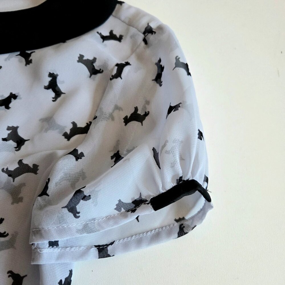 Peter Pan Collar Grey Dogs Pattern Blouse Short Sleeve Top - Picture 8 of 9